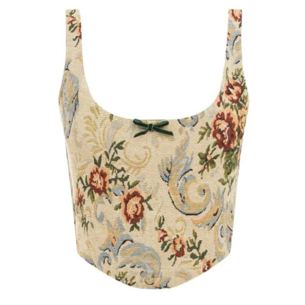 With Jean Floral Tapestry Crop Top in Cream, Blue, Green, Rust
